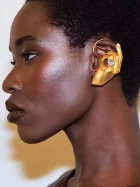 Gold Sculptural Ear Cuff with Crystal Accent - Women Jewelry